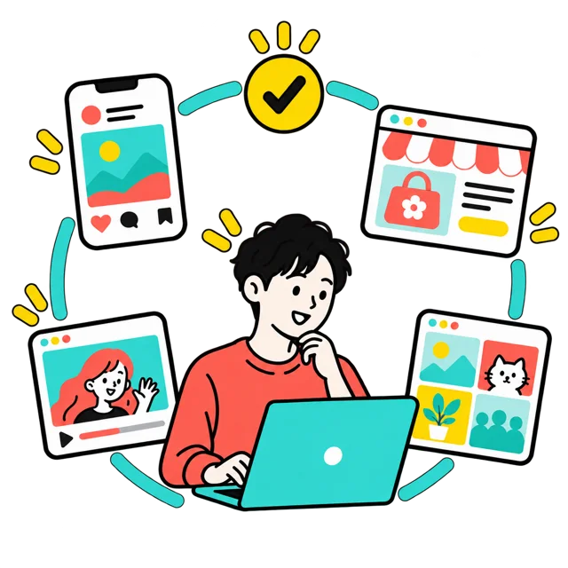 複数のSNSや販売サイトを継続的に確認する若い男性担当者のイラスト