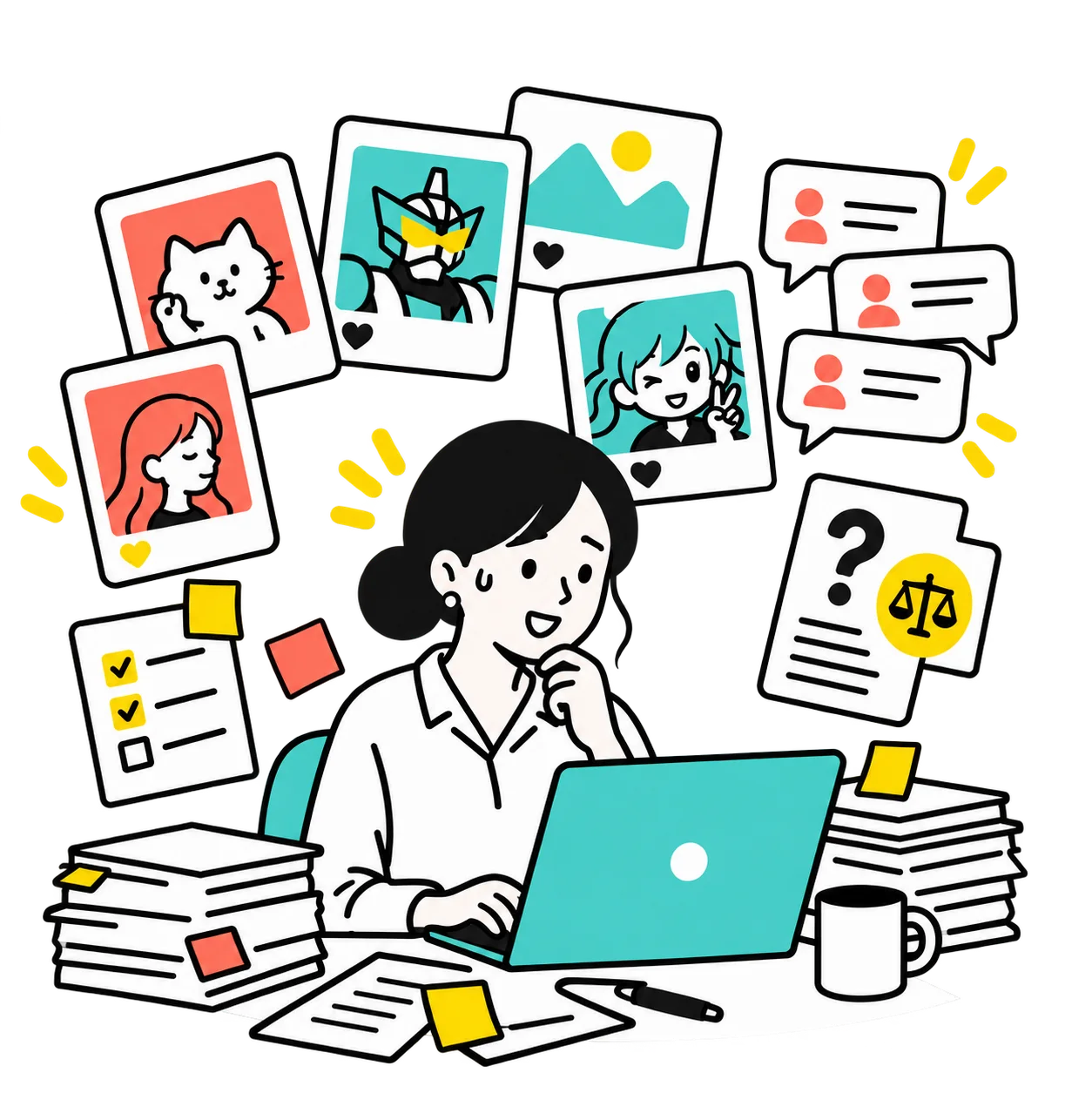 多数の投稿や問い合わせを確認しながら対応を考えるIP担当者のイラスト