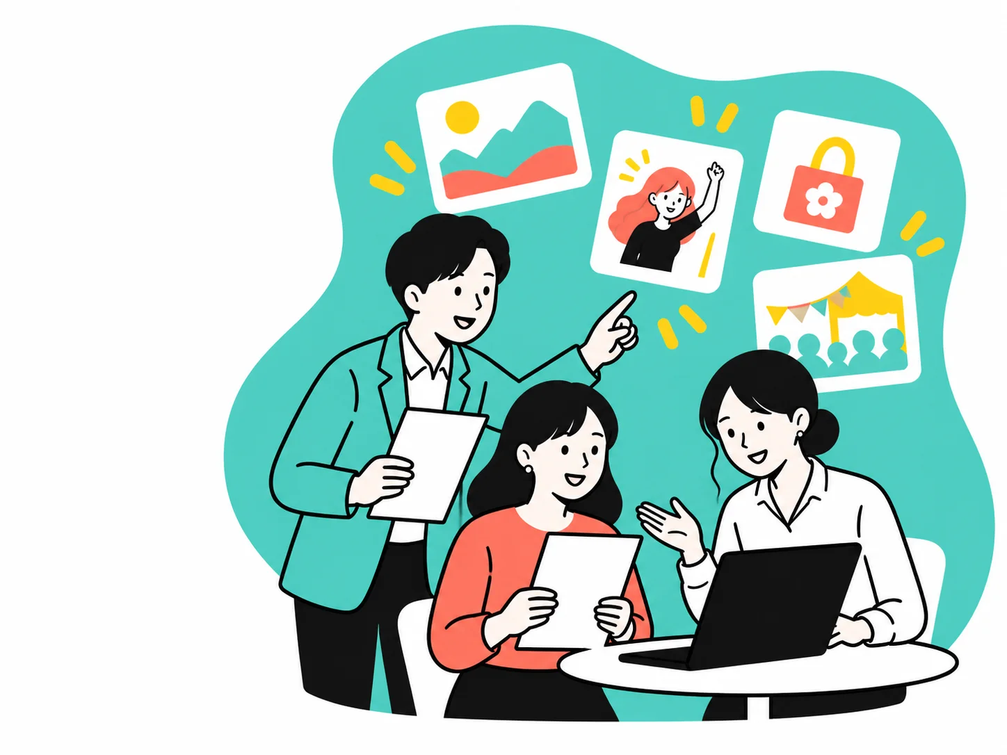 複数の担当者がファンによる投稿を確認しながら相談しているイラスト
