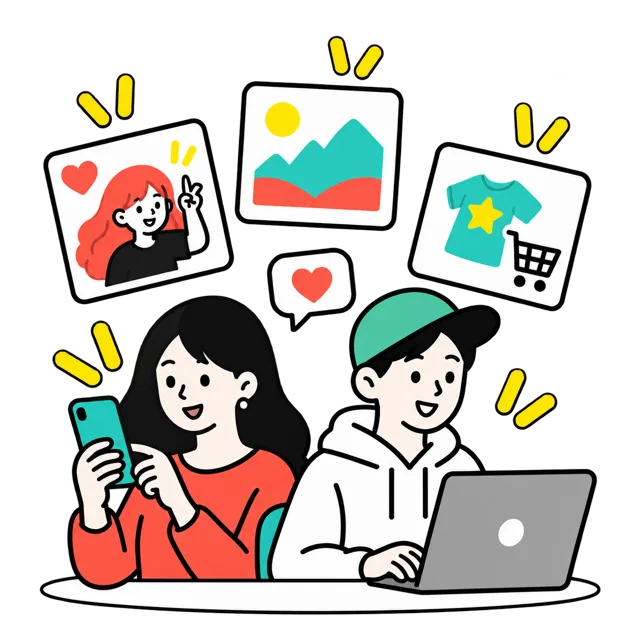 スマートフォンやパソコンから投稿・利用相談を行うファンとクリエイターのイラスト